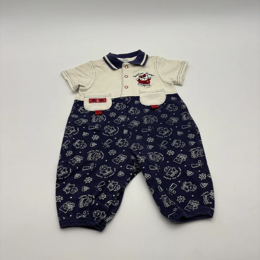 SomeBunny Romper Boys 3-6M Blue Sailor‎ Bear Nautical Snap Knit One Piece